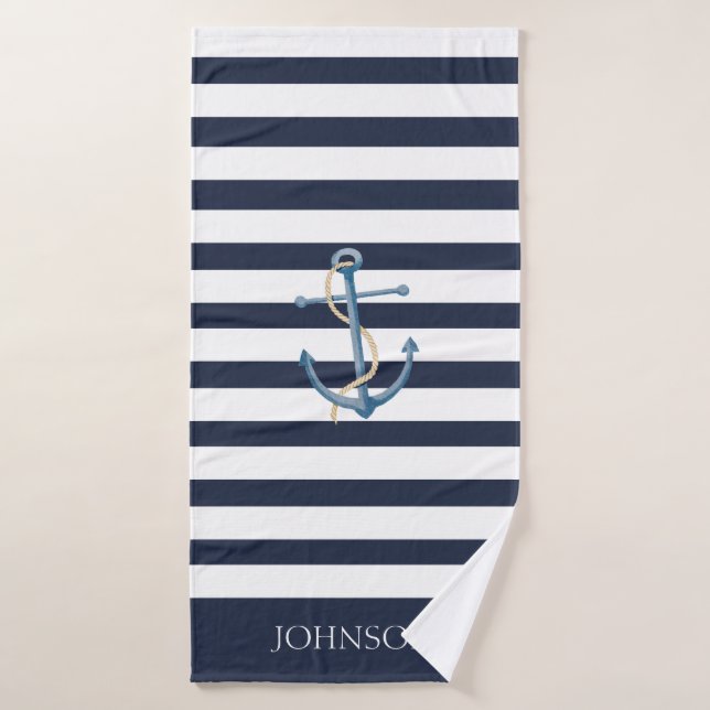 Striped Navy Anchor Nautical Badehandtuch (Badehandtuch)