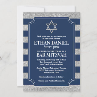 Striped Navy, Gray Bar Mitzvah Star von David Einladung