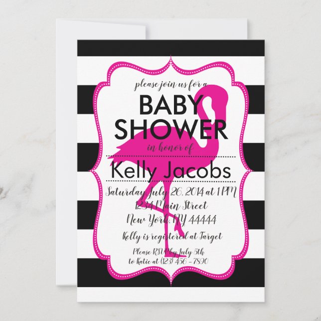 Striped Pink Flamingo Kinderdusche Einladung (Vorderseite)