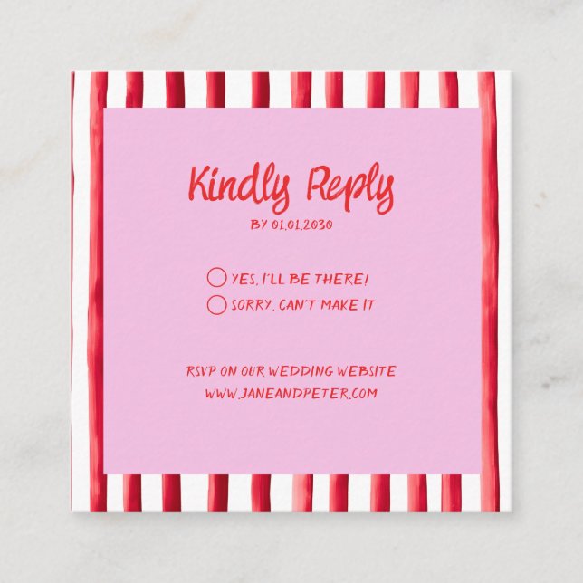 Striped Pink & Red Handwriting Wedding Begleitkarte (Vorderseite)