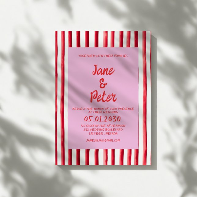 Striped Pink & Red Handwriting Wedding Einladung (Von Creator hochgeladen)