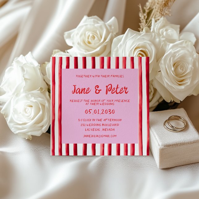 Striped Pink & Red Handwriting Wedding Einladung (Von Creator hochgeladen)