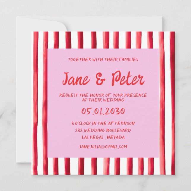 Striped Pink & Red Handwriting Wedding Einladung (Vorderseite)
