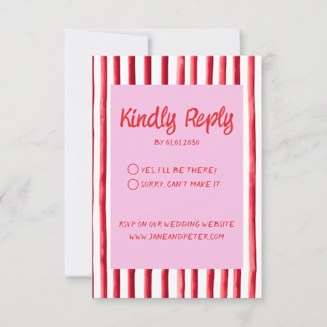 Striped Pink & Red Handwriting Wedding RSVP Karte (Vorderseite)