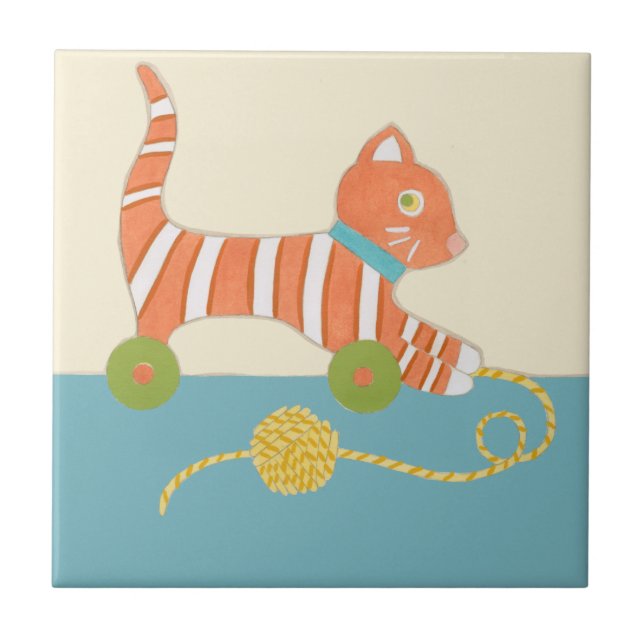 Striped Toy Cat mit Ball of String Fliese (Vorderseite)