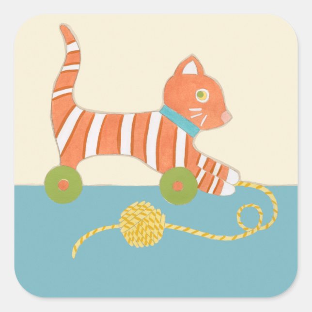 Striped Toy Cat mit Ball of String Quadratischer Aufkleber (Vorderseite)