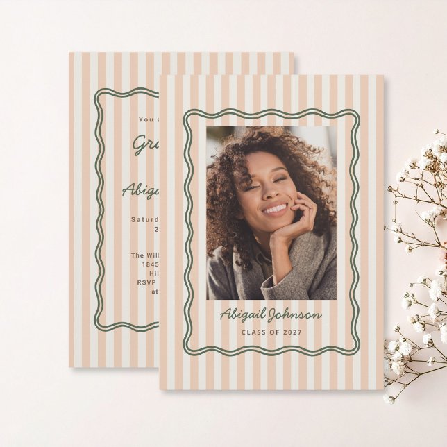 Stripes and Wavy Frame Graduation Card with Photo Einladung (Striped and Wavy frame graduate card announcement with invitation and photo with earthy colors )