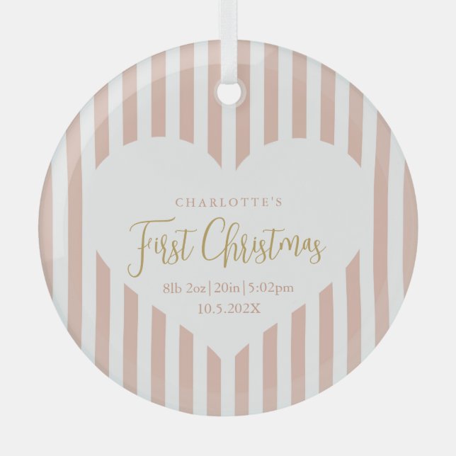 Stripes Baby's First Christmas Birth Stats Herz Ornament Aus Glas (Vorderseite)