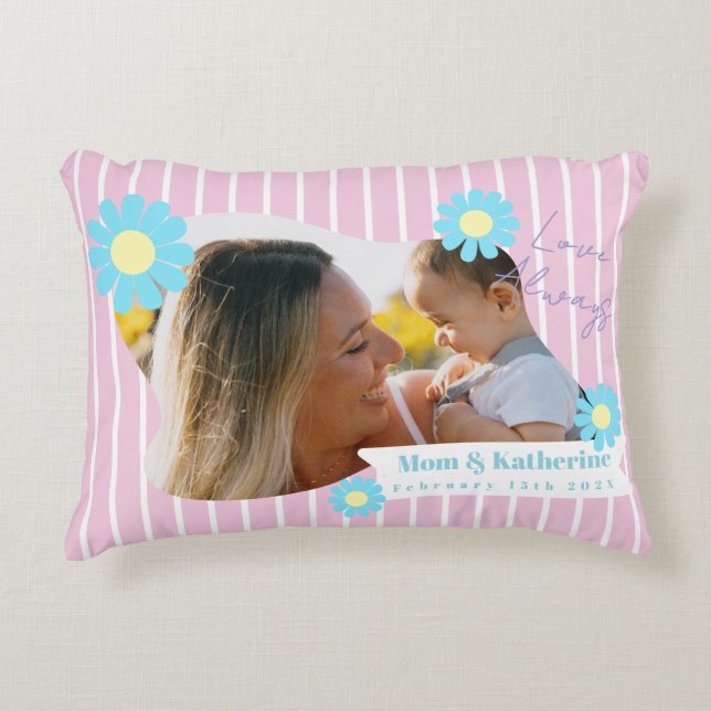 Stripes Daisy Floral Photo Pink Dekokissen (Vorderseite)
