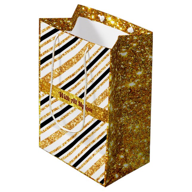 Stripes Gold Glitzer Black Boho Populäre Kollektio Mittlere Geschenktüte (Vorderseite Schrägansicht)