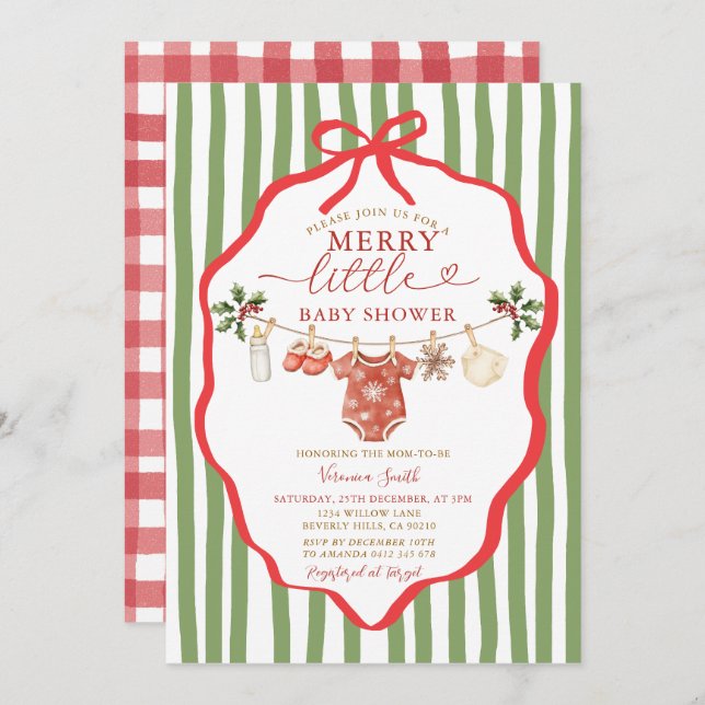 Stripes Green Clothesline Merry Little Baby Shower Einladung (Vorne/Hinten)