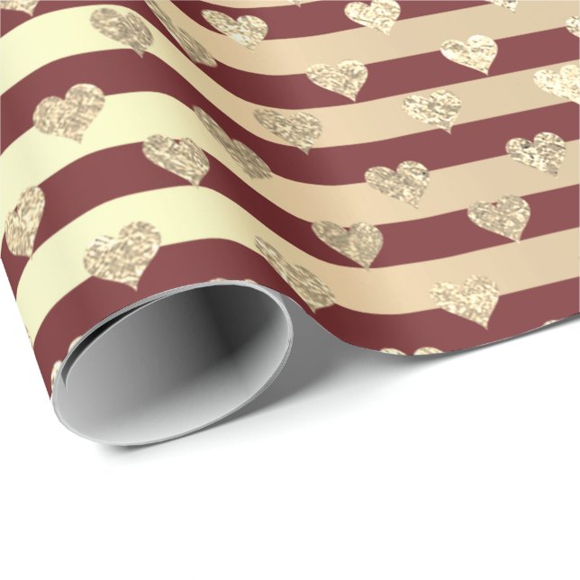 Stripes Line Heart Champaigne Gold Burgundy Maroon Geschenkpapier (Rolleneckpunkt)