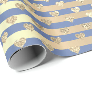 Stripes Lines Hearts Champaigne Gold Bright Blue Geschenkpapier