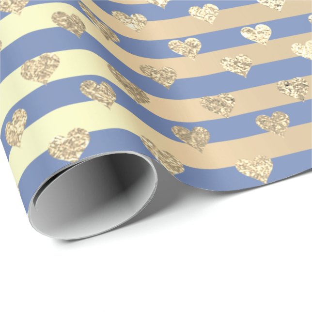 Stripes Lines Hearts Champaigne Gold Bright Blue Geschenkpapier (Rolleneckpunkt)
