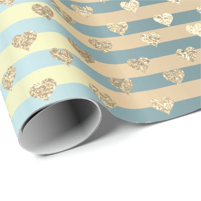 Stripes Lines Hearts Champaigne Gold Tiffany Aqua Geschenkpapier (Rolleneckpunkt)