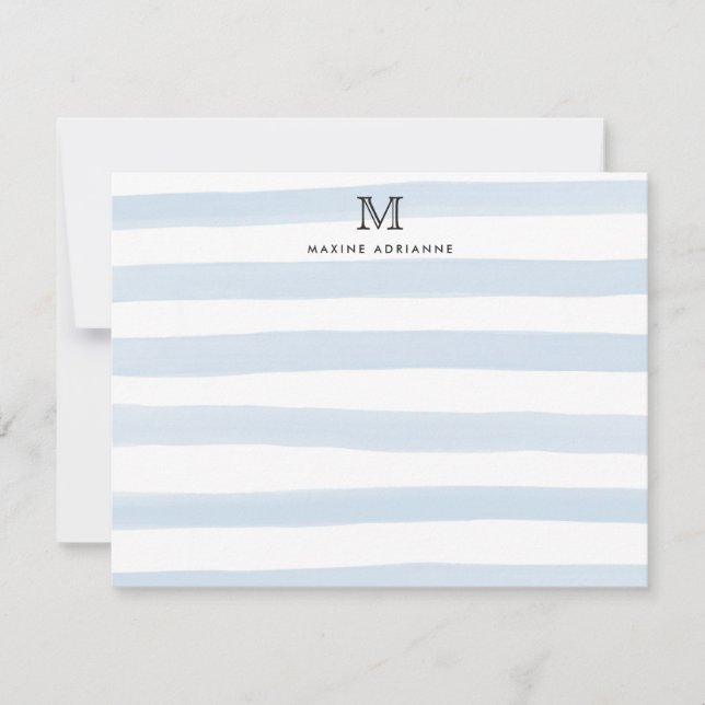 Stripes Monogram Baby Blue Watercolor Moderner Chi Mitteilungskarte (Vorderseite)