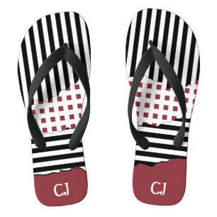 Stripes Net Schwarz, Weiß, Rot Layered Initialen Flip Flops