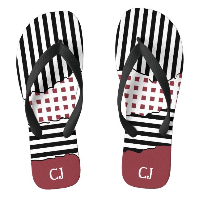 Stripes Net Schwarz, Weiß, Rot Layered Initialen Flip Flops (Fußbett)