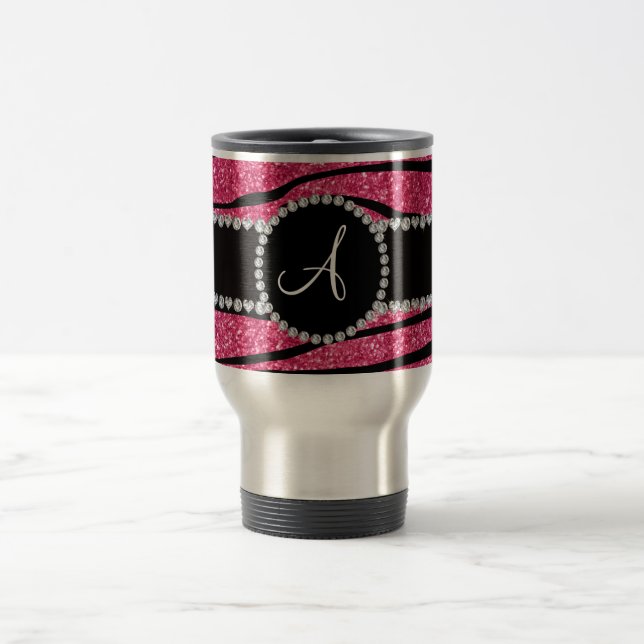 Stripes rosa Zebra Glitter des Monogramms Kreis Reisebecher (Mittel)