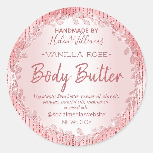 Stripte Rose Goldleafe Gerahmte Body Butter Labels Runder Aufkleber (Vorderseite)