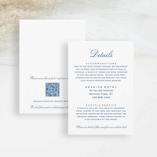 Stripter Bass Wedding Details Hotel Info QR Code Begleitkarte (Elegant Details Hotel Information Wedding Insert card in elegant navy blue from Concertina Press)