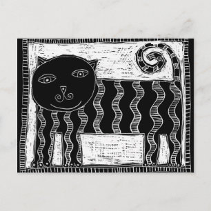 Stripy Black and White Cat Illustration Postkarte