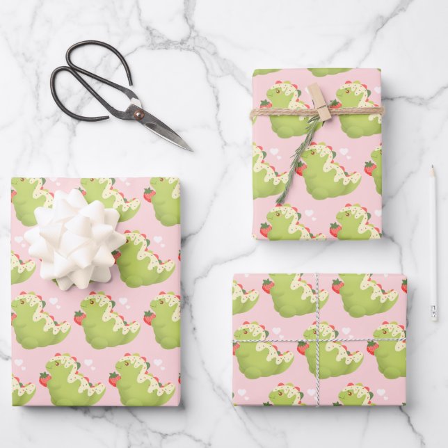 Strohbeer-Matcha-Dinosaurier  Geschenkpapier Set (Vorderseite)