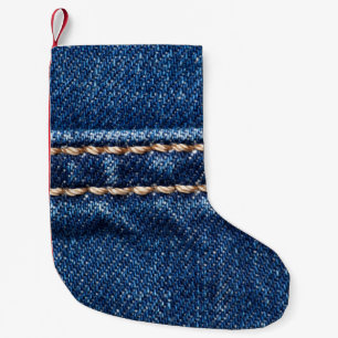 Strohdenim: Nähte Jeans Textur. Kleiner Weihnachtsstrumpf