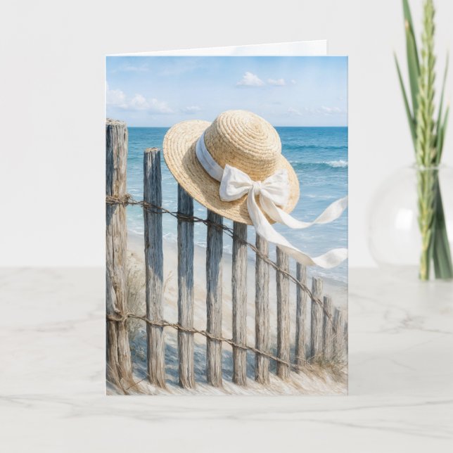Strohhut an einem Strandzaun Karte (Vorderseite)