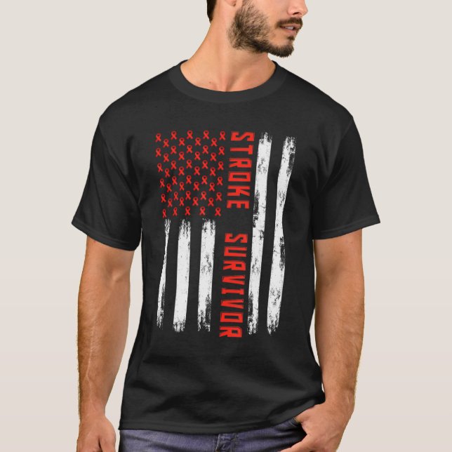 Stroke Survivor American Flag Red Ribbon Stroke Aw T-Shirt (Vorderseite)