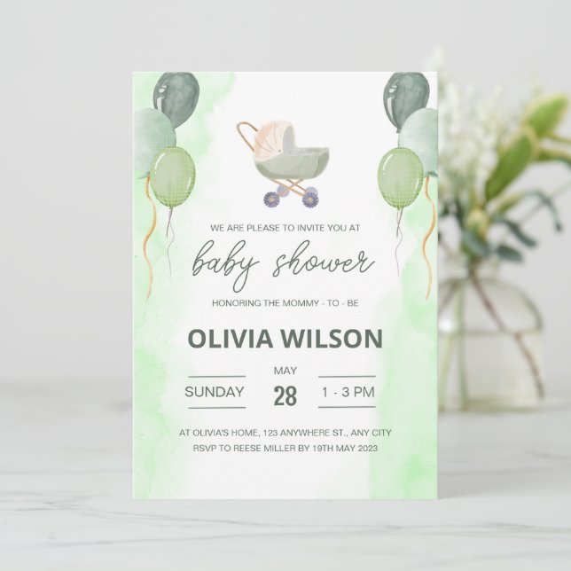Stroller Baby Shower Invite, Boho Gender Neutral Einladung (Stehend Vorderseite)