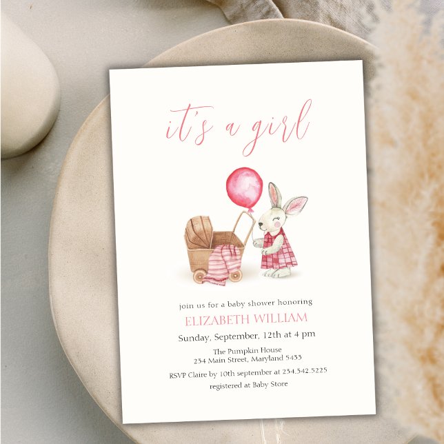 Stroller Bunny Balloon Girl Baby Shower Einladung (Stroller Bunny Balloon Girl Baby Shower Invitation)