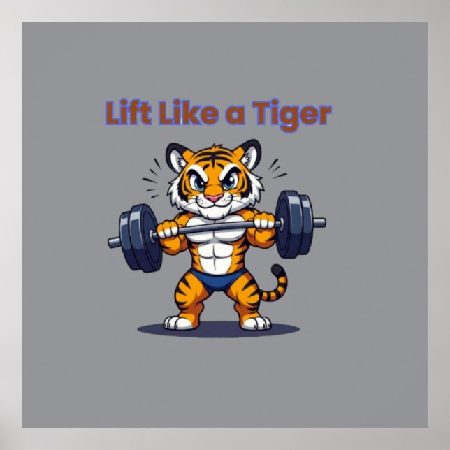 **Strong Tiger – Cute Tiger Lifting Weights Illust Poster (Vorne)