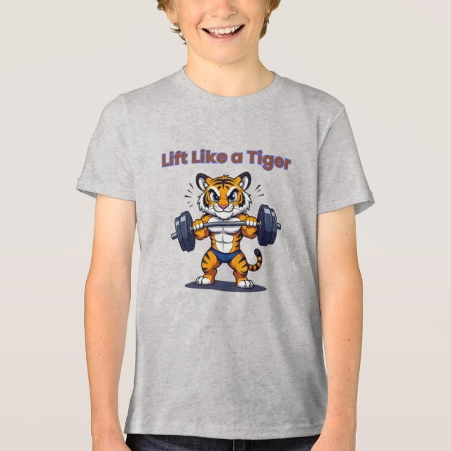 **Strong Tiger – Cute Tiger Lifting Weights Illust Tri-Blend Shirt (Vorderseite)