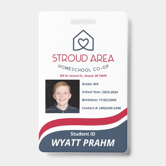 Stroud Area Homeschool Student ID Abzeichen Ausweis (Vorderseite)