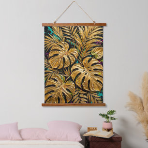Strukturierte goldene tropische Blätter Neon-Sprit Wandteppich Mit Holzrahmen