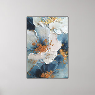 Strukturierte weiße und blaue Blumen mit Gold Leinwanddruck