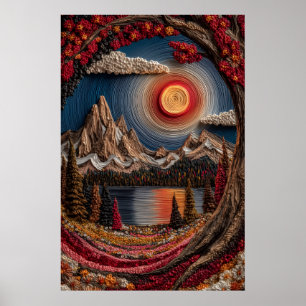 Strukturierter Herbst-Bergsee-Rotsonnen-Kunstprint Poster