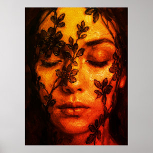 Strukturiertes Ölporträt einer Frau mit Blumen-Spi Poster