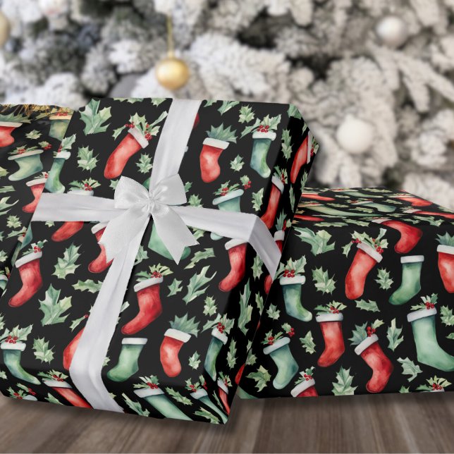 Strumpf Weihnachten Geschenkpapier (Festive Holiday Holly Stocking Christmas Wrapping Paper)