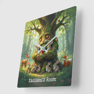 Strumpfbäume mit Woodland-Kreaturen Quadratische Wanduhr