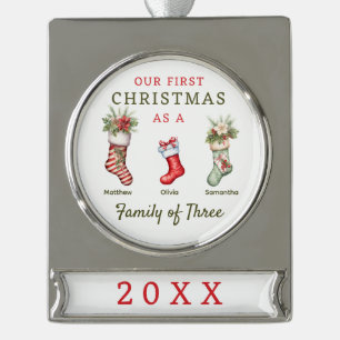 Strümpfe Familie der drei ersten Weihnachten Banner-Ornament Silber