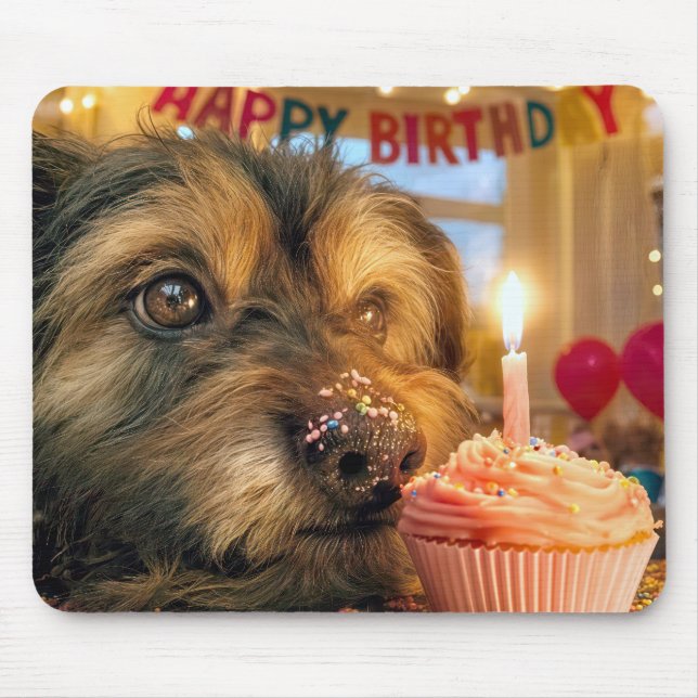 Struppiger Hund mit einem Geburtstagscupcake Mousepad (Vorne)