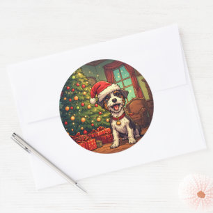Struppiger Hund mit Santa-Hut Weihnachtsbaum Fröhl Runder Aufkleber
