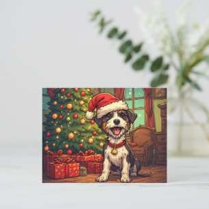 Struppiger Hund mit Weihnachtsmannmütze und fröhli Postkarte