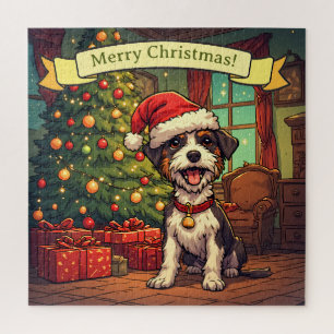 Struppiger Hund mit Weihnachtsmannmütze und fröhli Puzzle