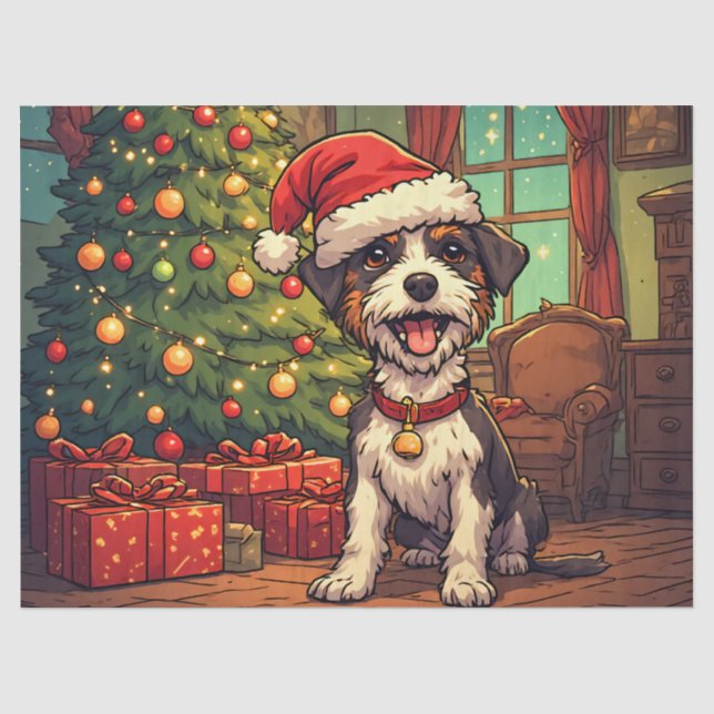 Struppiger Hund mit Weihnachtsmannmütze und fröhli Seidenpapier (Vorderseite)