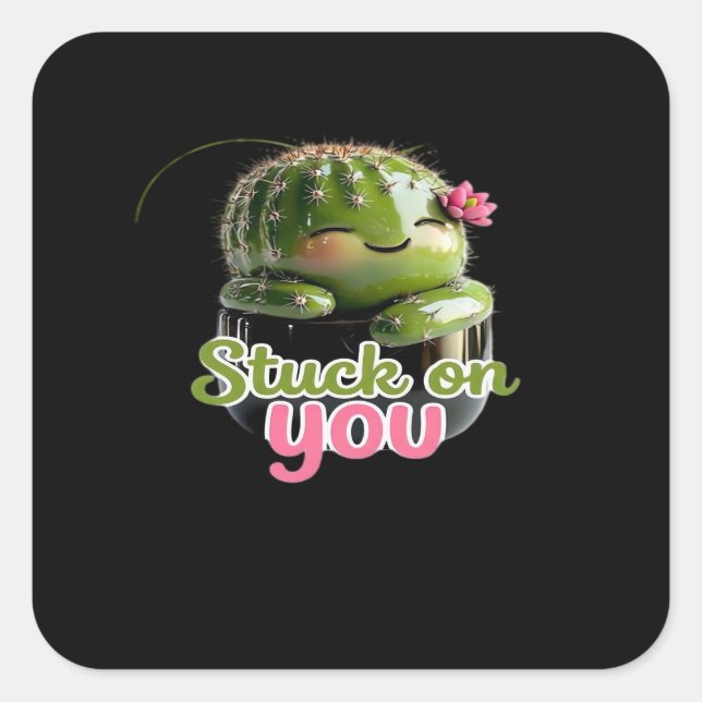 Stuck On You Cute Cactus Pun Kawaii Valentines Lov Quadratischer Aufkleber (Vorderseite)