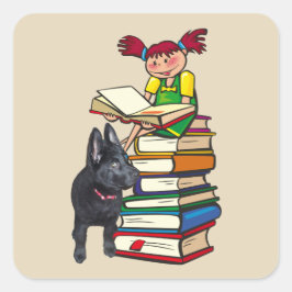 Studie Buddy GSD Puppy & School Girl on Books Quadratischer Aufkleber