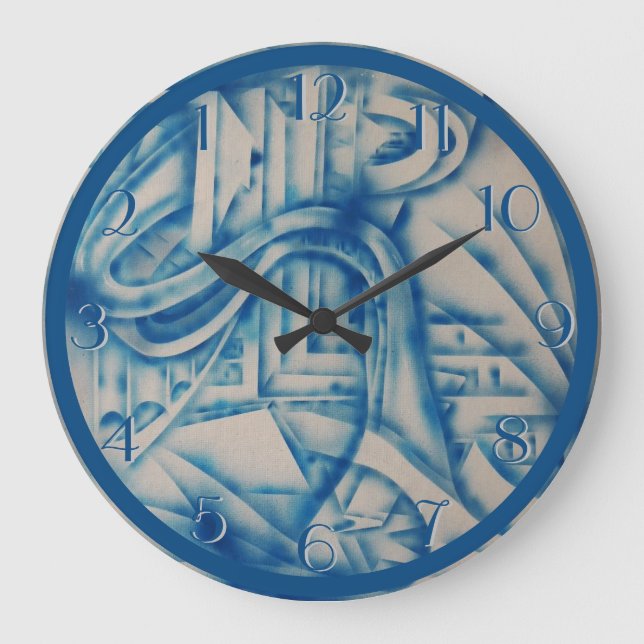 Studie in Blue 2 Backward Clock Große Wanduhr (Vorderseite)